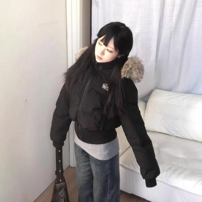 American Short Black Big Fur Collar Hooded Cotton Clothes Women's Thin Waist Cotton-padded Clothes Advanced New Winter Coat
