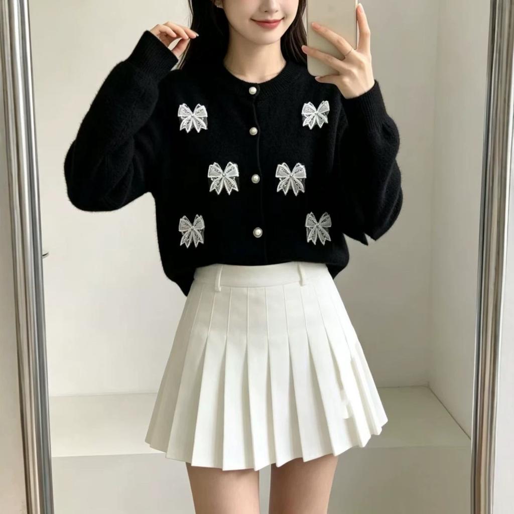 Imitation mink Korean 1011 autumn and winter new lace bow sweet wind knitted cardigan sweater women's top short