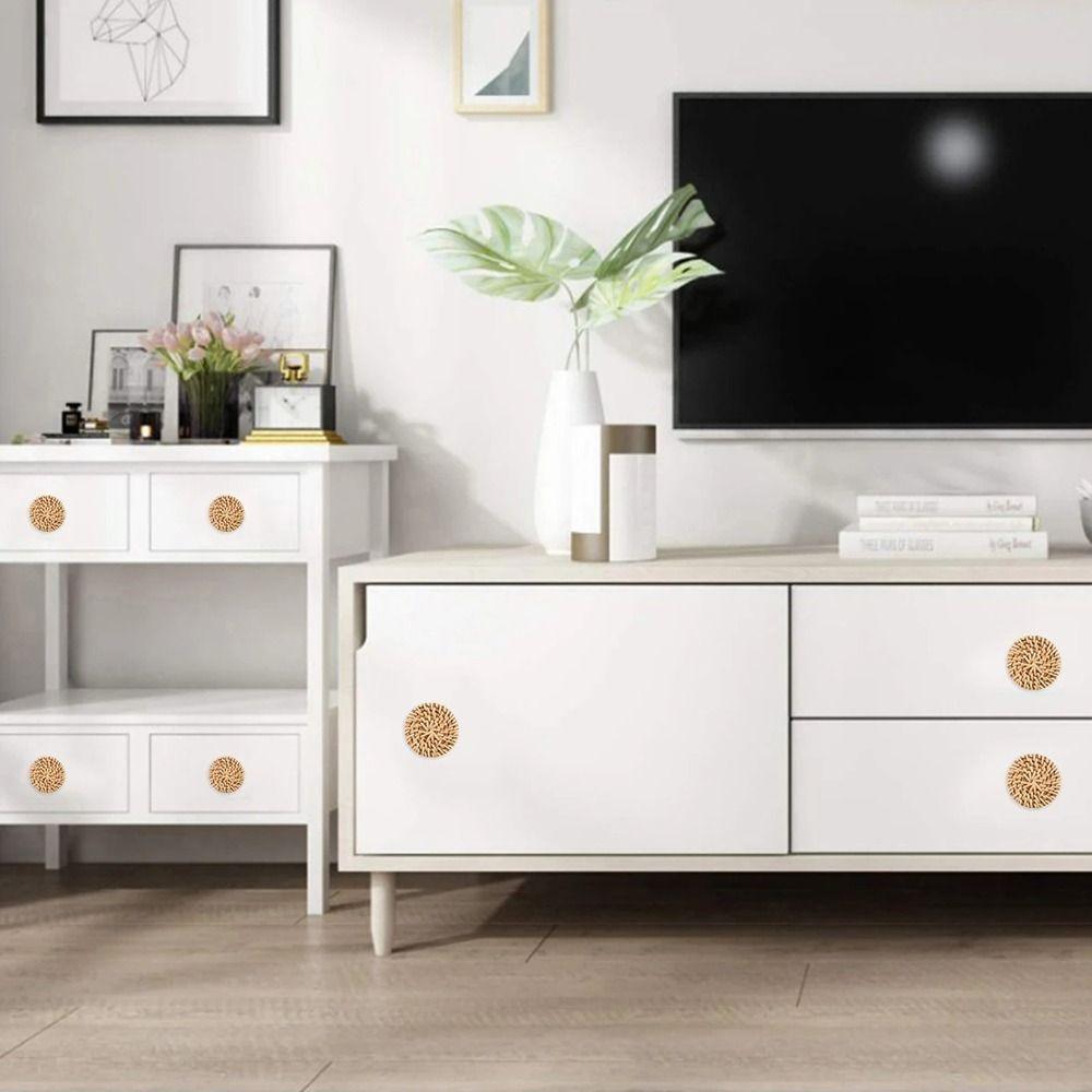 2/4/6/8Pcs Round Rattan Drawer Knobs Solid Wood Door Pulls  Furniture Hardware Accessories