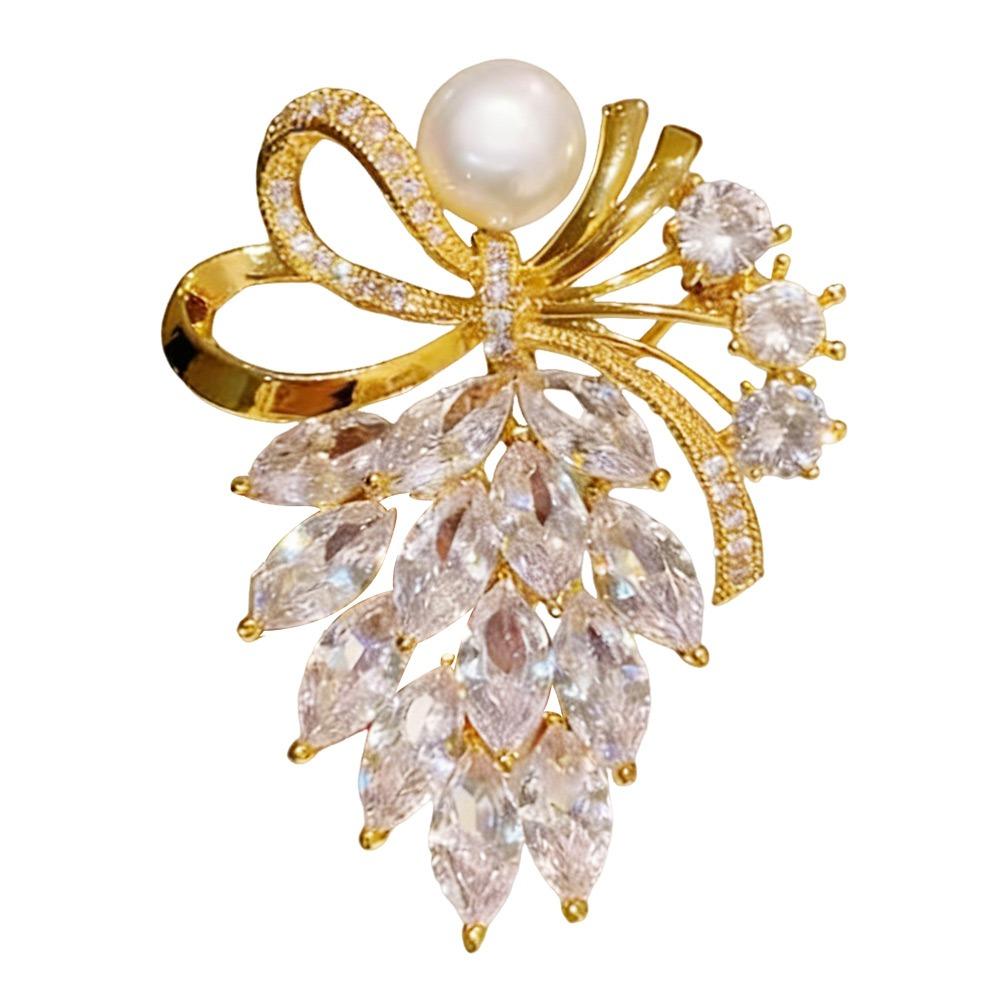Water Diamond Pearl Sparkling Diamond Brooch Imitation Pearl Details Rhinestone Flowers Luxury Rhinestone Brooch