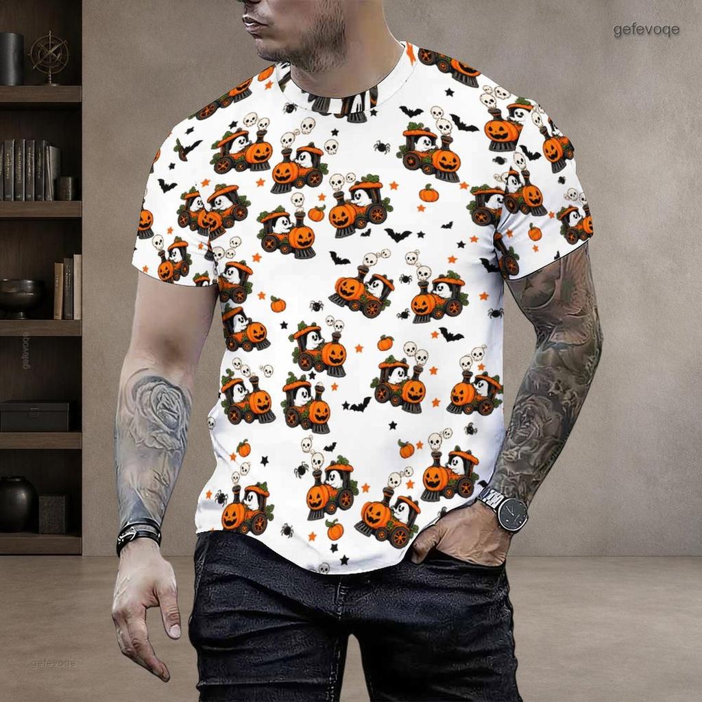 Men Plus Size Round Neck Short Sleeve T Shirt Halloween Ghost Bat Printed White Straight Hem Pullover