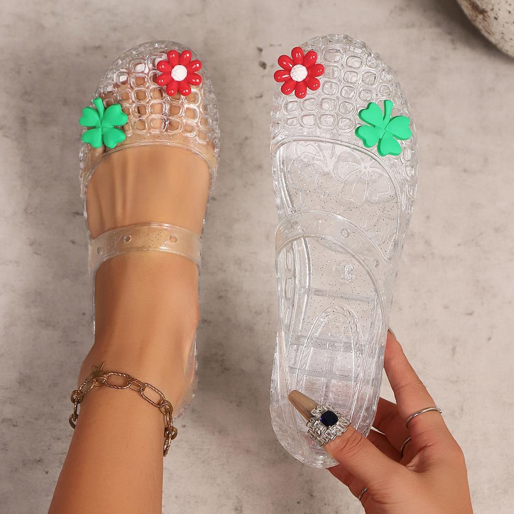 Fashion Plastic Flower Decoration Jelly Shoes Women 2025 Summer Low Wedge Heels Sandals Soft Cloud Non Slip Outdoor Sandals Rain Boots