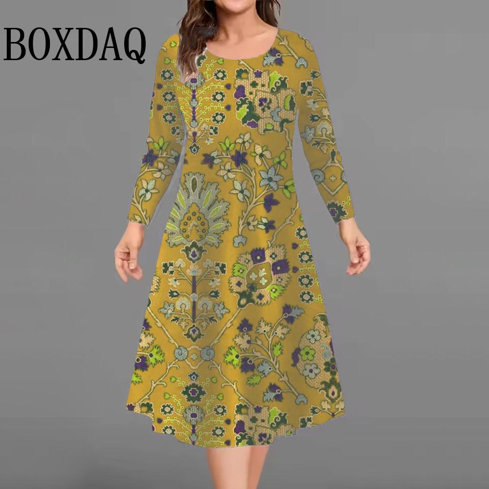 Vintage Flowers Pattern Dresses For Women Long Sleeve Pullover Loose Clothing Plus Size Casual Retro 3D Print Dress