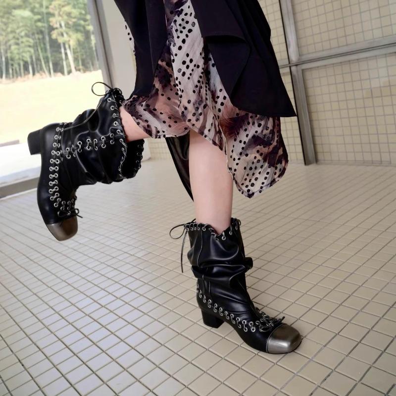 Square Toe Lace-Up Bow Pleated Fashion Boots Vintage Big Barrel Wrap Block Heel Stack Mid-Barrel Boots for Women