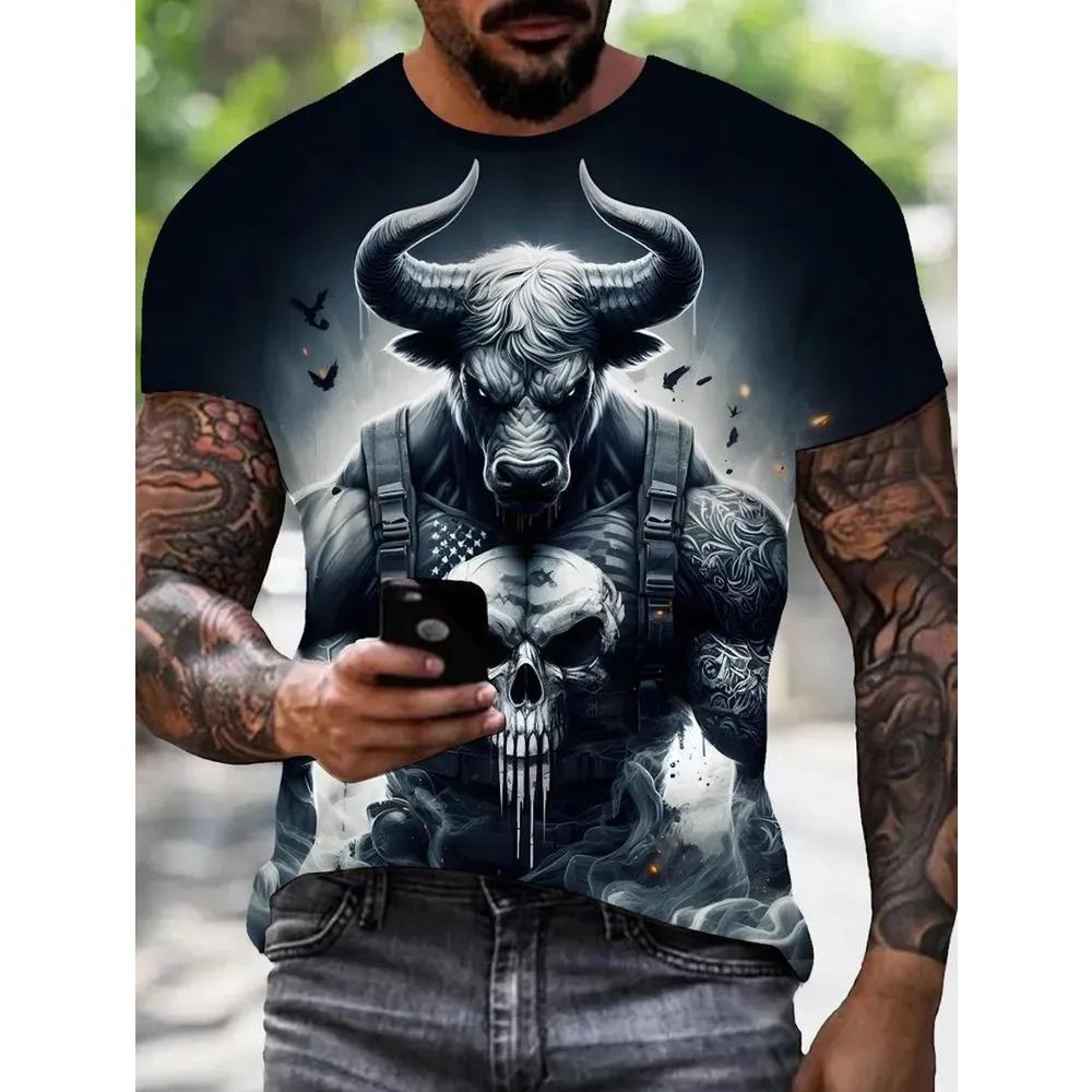 Men's Summer Comfortable Fashionable T-shirt Soft Breathable Skull Animals Portrait Colorful 3d Printing Round Neck Short Sleeved T-shirt