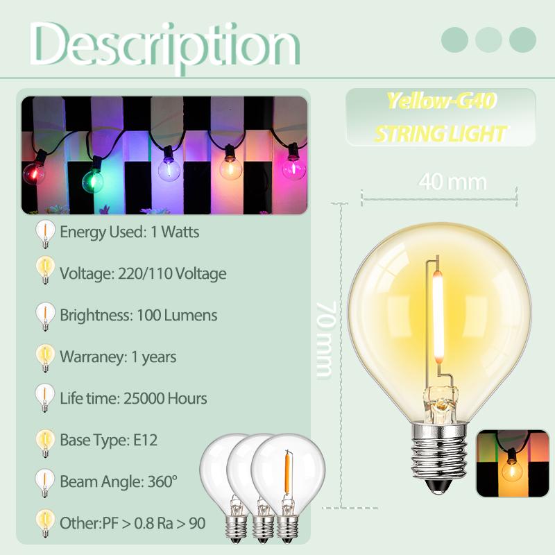 Patio String Lights Colorful G40 RGB Festoon Light Chain Outdoor EU US E12 Retro Street Garland For Garden Backyard Decoration