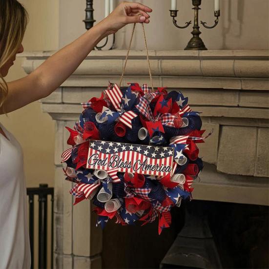 Wooden 4th of July Door Sign for Front Door, Red White Blue Patriotic Hanging Wreath for Independence Day, 250th Anniversary, Home Porch Wall Indoor