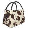 Scottish Highland Cow Cowhide Texture Thermal Insulated Lunch Bag Animal Hide Leather Lunch Container for Picnic Meal Food Box
