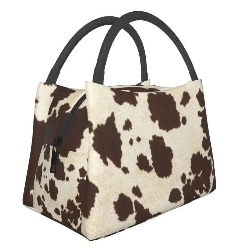 Scottish Highland Cow Cowhide Texture Thermal Insulated Lunch Bag Animal Hide Leather Lunch Container for Picnic Meal Food Box