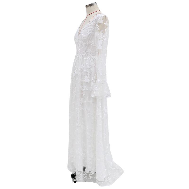 Women White Floral Lace Long Sleeve Deep V Neck Backless Sheer Tulle A Line Summer Wedding Gown Elegant Bridal Evening Prom Formal Party Maxi Dress