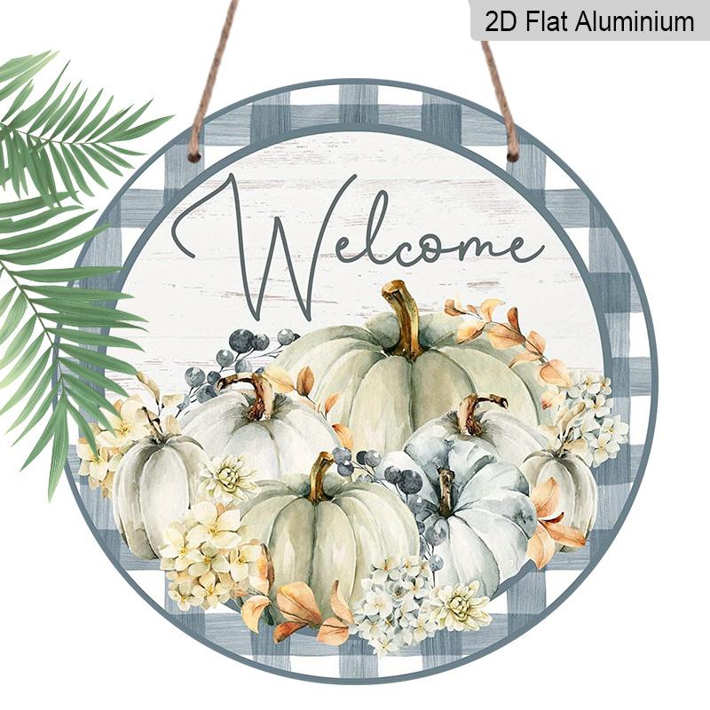 2D Flat, 1pc Round Aluminum Hanging Sign, "Welcome" Pumpkins Grey Autumn Metal Sign, Farmhouse Front Porch Yard Patio Home Autumn Wall Decor