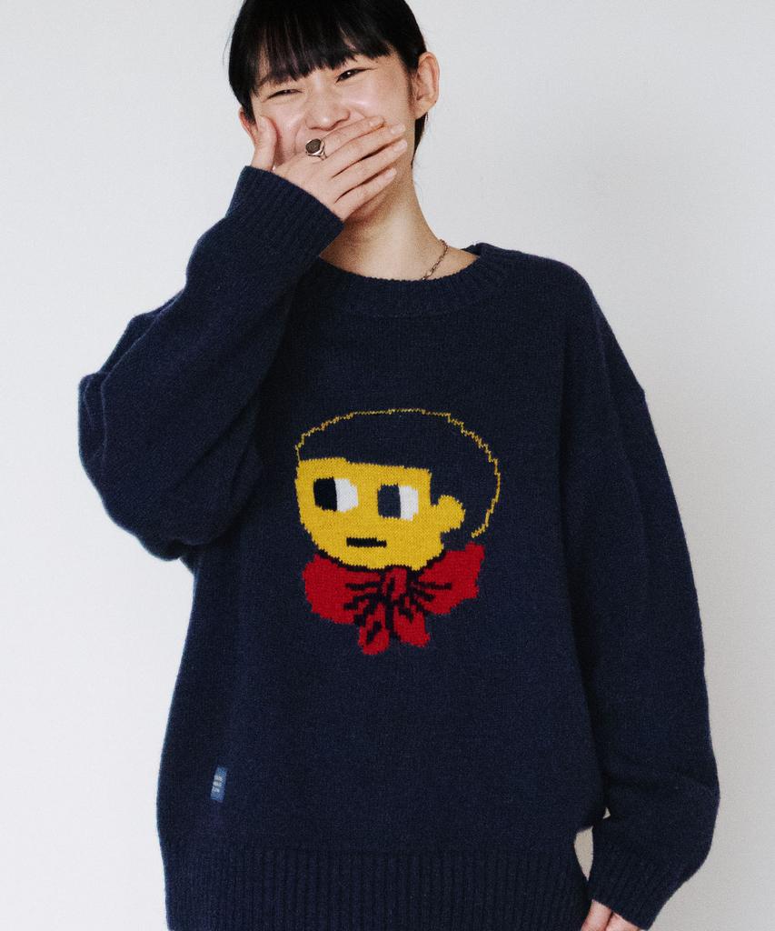 GROUNDWORK Baggage Man Face Knit Sweater / Navy