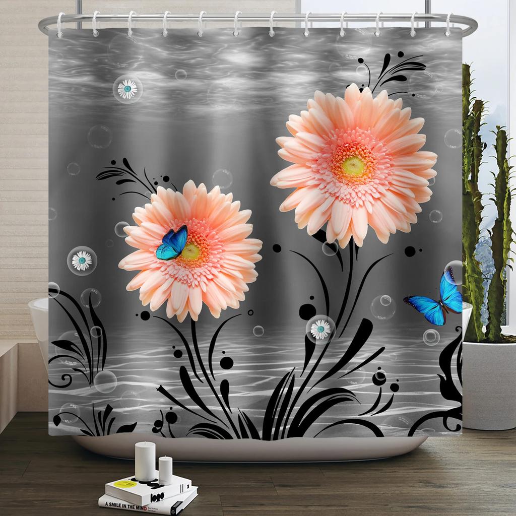 Rustic Sunflower Daisy Shower Curtain Butterfly Floral Vintage Country Farmhouse Flower Wooden Board Waterproof Bathroom Curtain