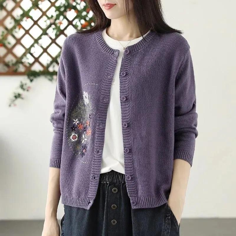 Sweater Knit Cardigan Women Loose Versatile Embroidery Round Neck Single-breasted Long-sleeved Sweater Coat