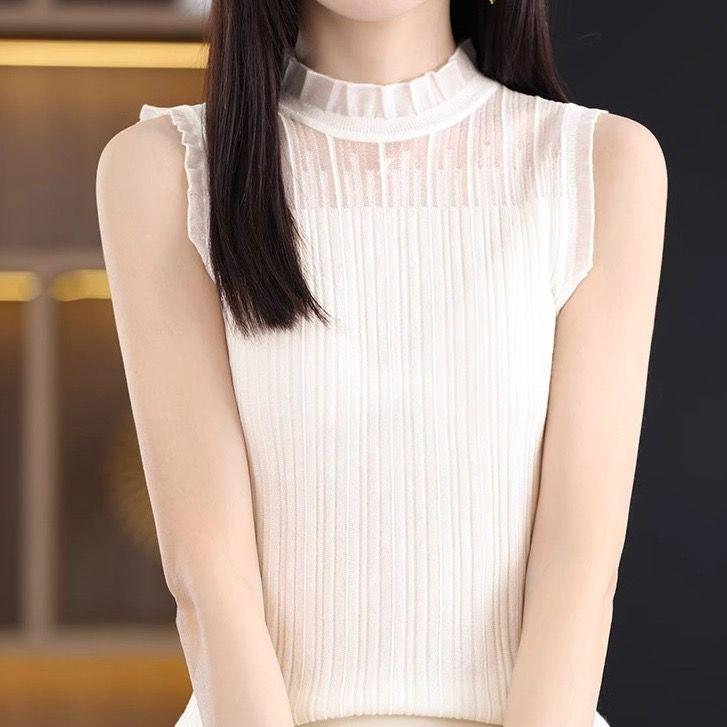 Women Half Turtleneck Lace Knit Camisole Elegant French Sleeveless White Slim Base Top Suit Inner Shirt