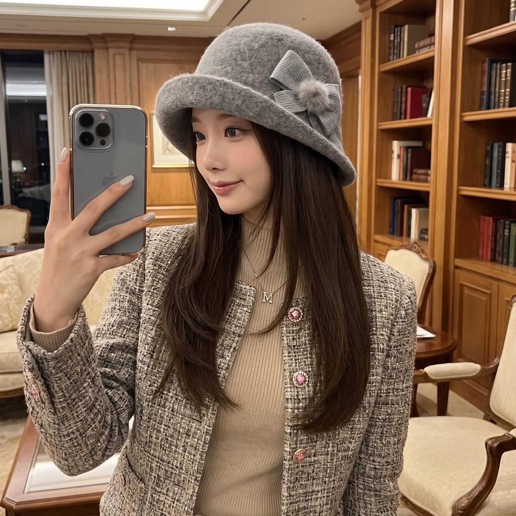 Ladies retro woolen woolen basin hat, bow hairball decorative curling top hat, autumn and winter warm bucket hat