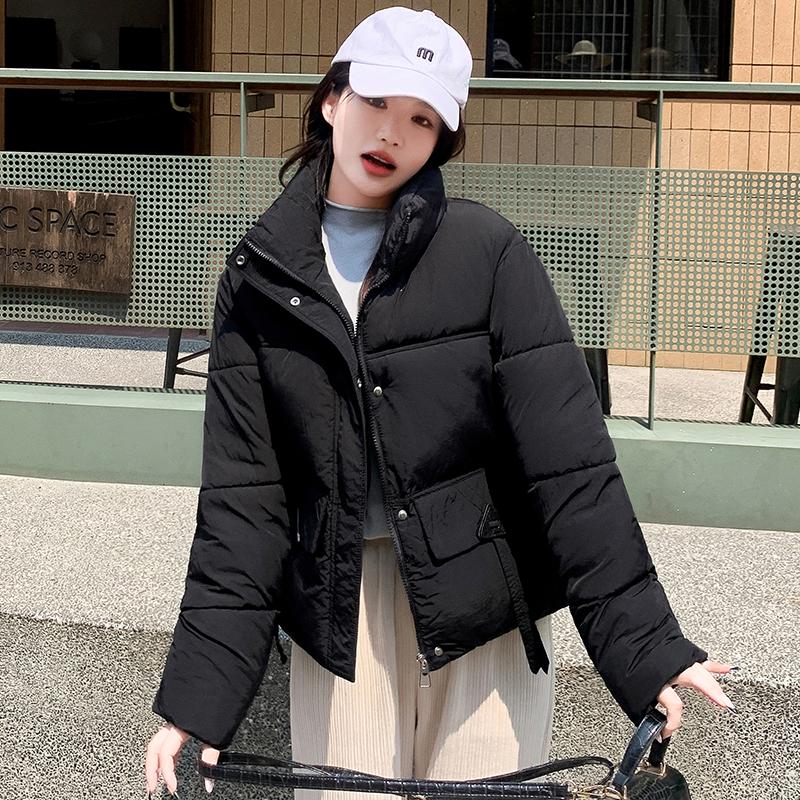 Women Autumn Winter Big Pocket Solid Color Thicken Outwear Cotton Padded Stand Collar Warm Short Jacket Coat