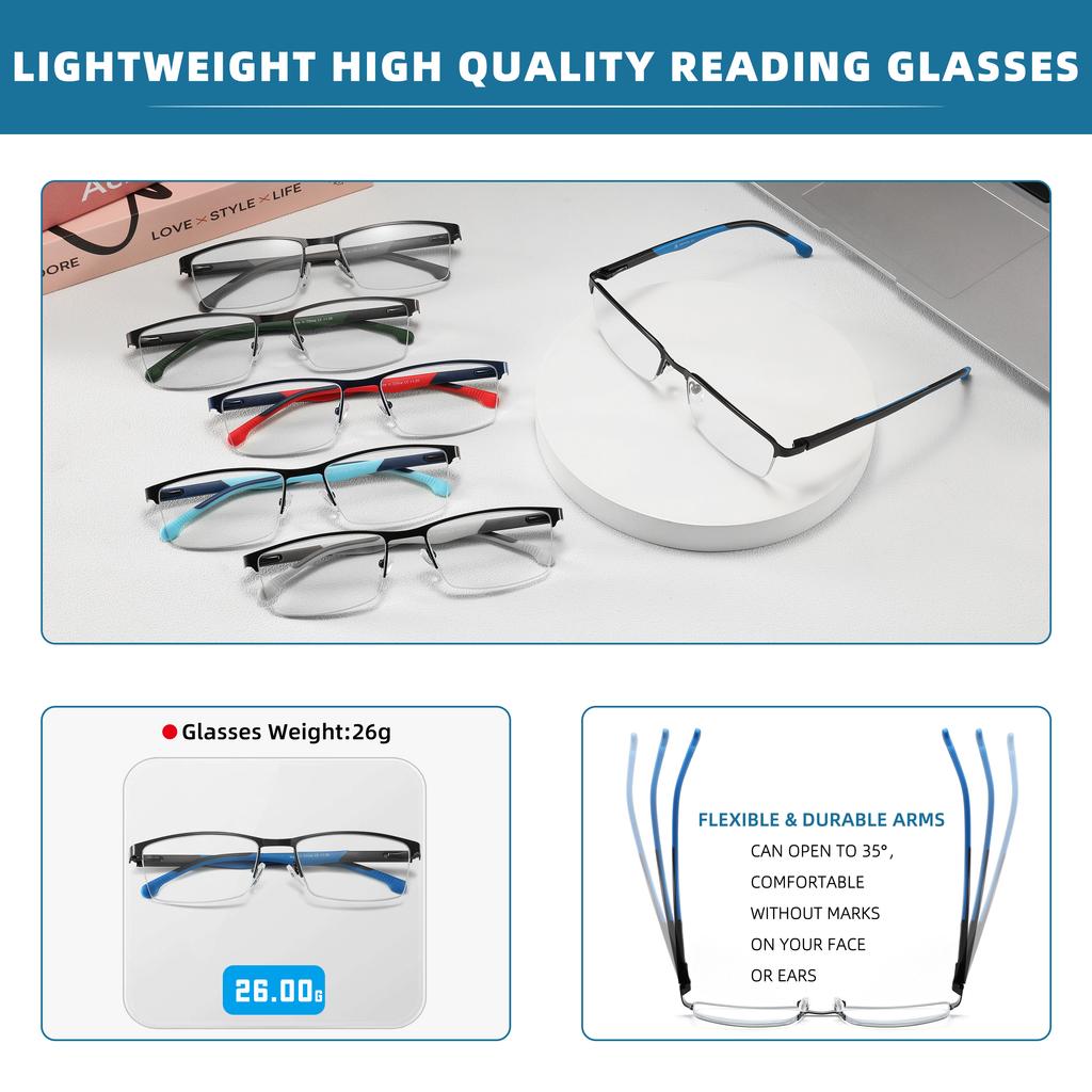 Men Blue light blocking Reading Glasses Lightweight Metal Frame Reduce Fatigue Computcer Readers HD Lens Presbyopia Eyewear