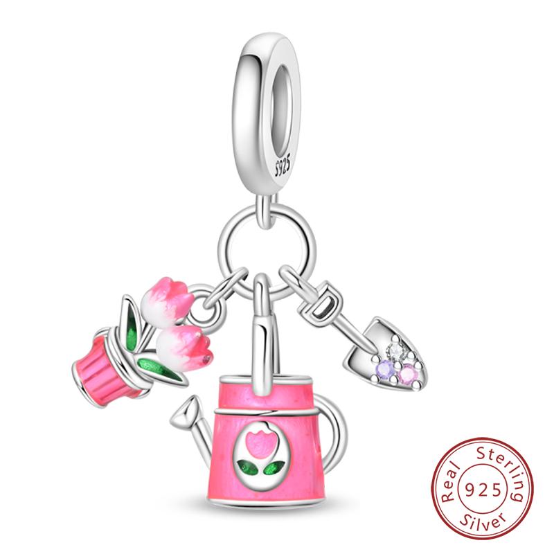 Fit 925 Silver Charms Beads Little Bear Lamb Little Flying Pig Pink Charms For Women DIY Birthday Jewelry Gift
