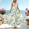 Sleeveless Maxi Dress,Fresh Blue & White Flowy Hem Comfortable Fabric for Picnic,Beach Vacation,Daily Casual,Stylish for Travel & Photos
