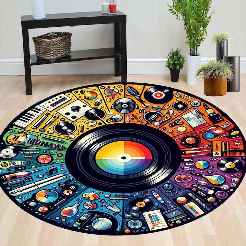 

Rainbow Round Rug Colorful Patterned Decor Rug Retro DJ Room Decor Rainbow Circle Mat Creative Music Studio Gift Rug Decoration 80cm x 80cm