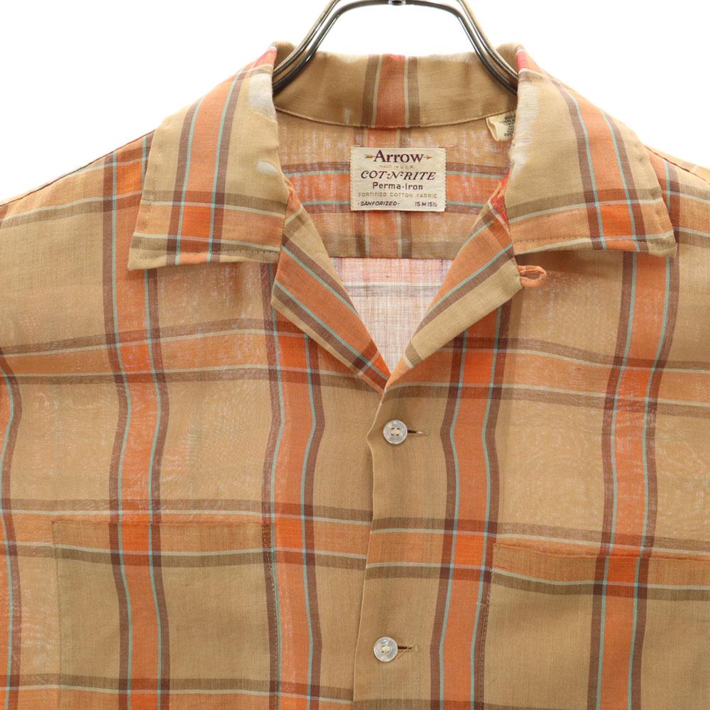 ARROW 60s Vintage USA made open collar Check Pattern Long sleeve Open color shirt Men's Used
