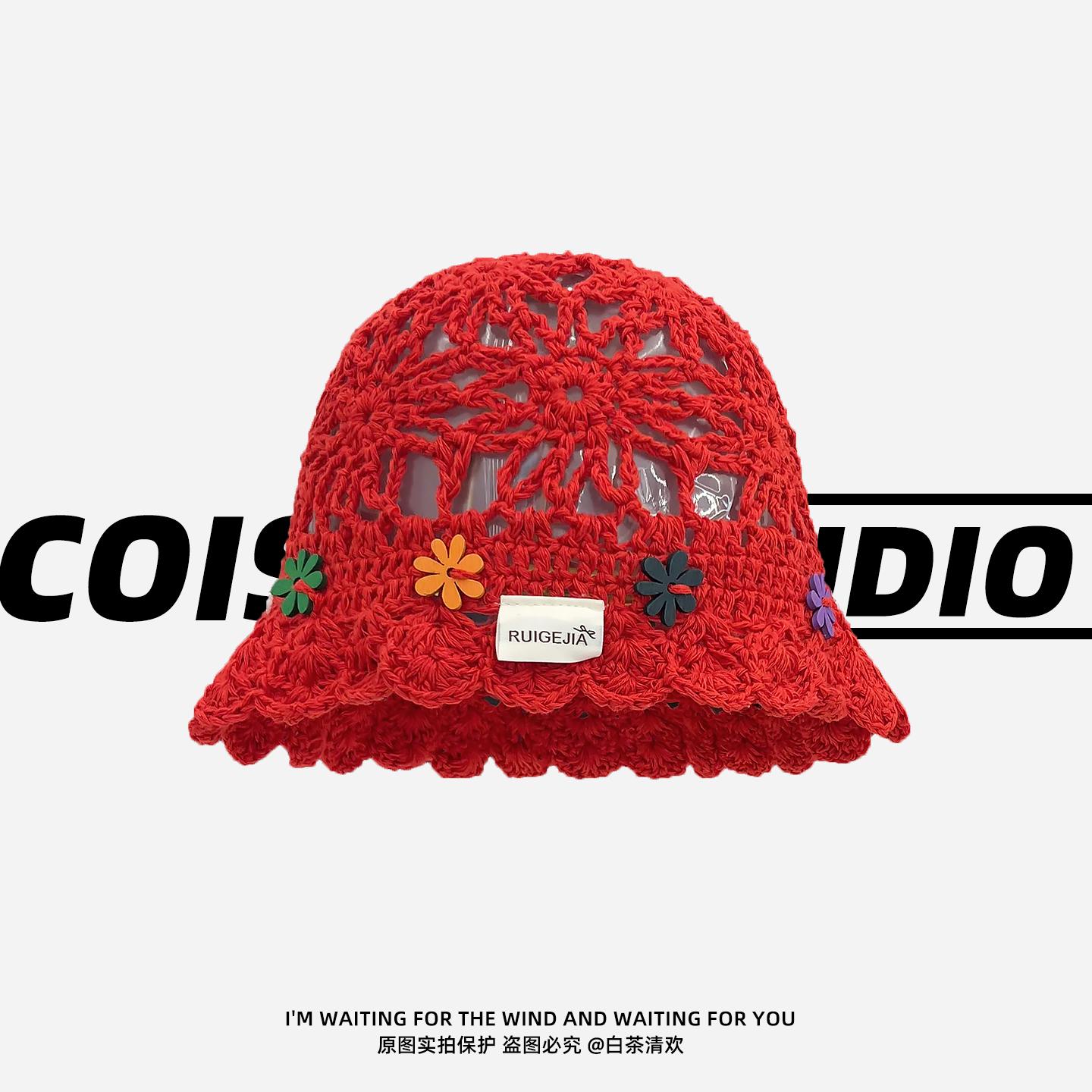 Literary Retro Color Flower Knitted Crochet Hollow Fisherman S Hat Women Spring Summer Light Breathable Gentle Sweet Bucket Hat 58cm
