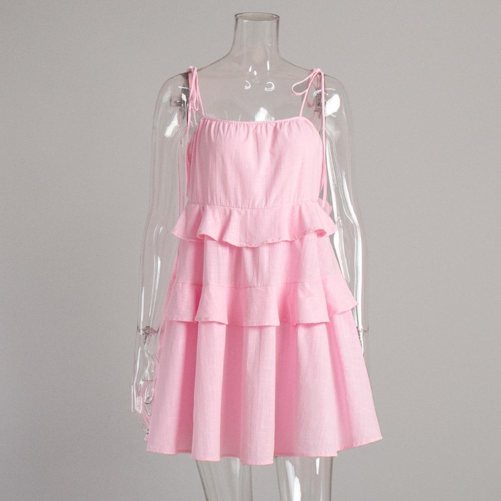 Women's Spaghetti Strap Tiered Ruffle Mini Cake Dress Loose Square Neck Cotton Sundress