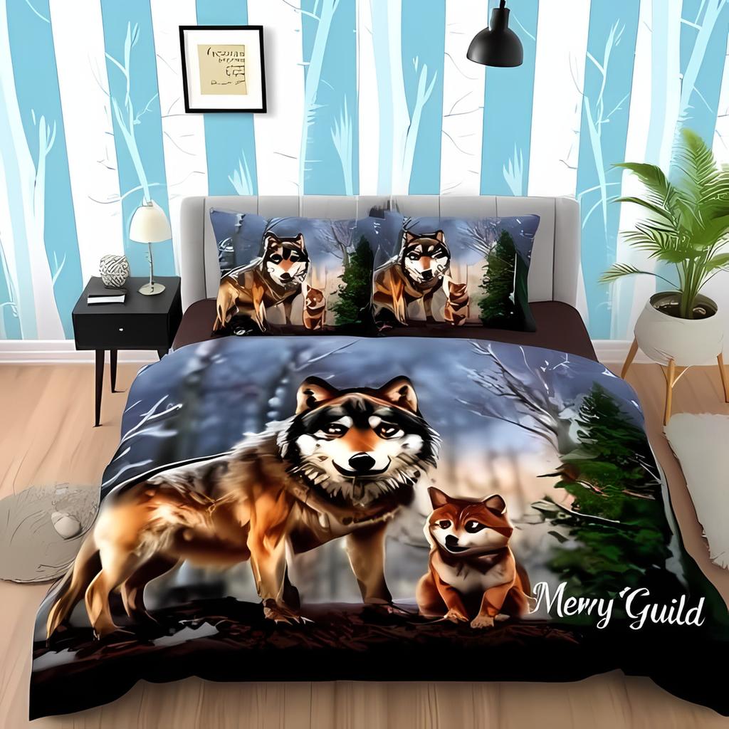 Comforter Bedclothes Wolf Printed Unique Design Home Decor Vintage Bedding Setqueen Size Warm Soft And Breathable