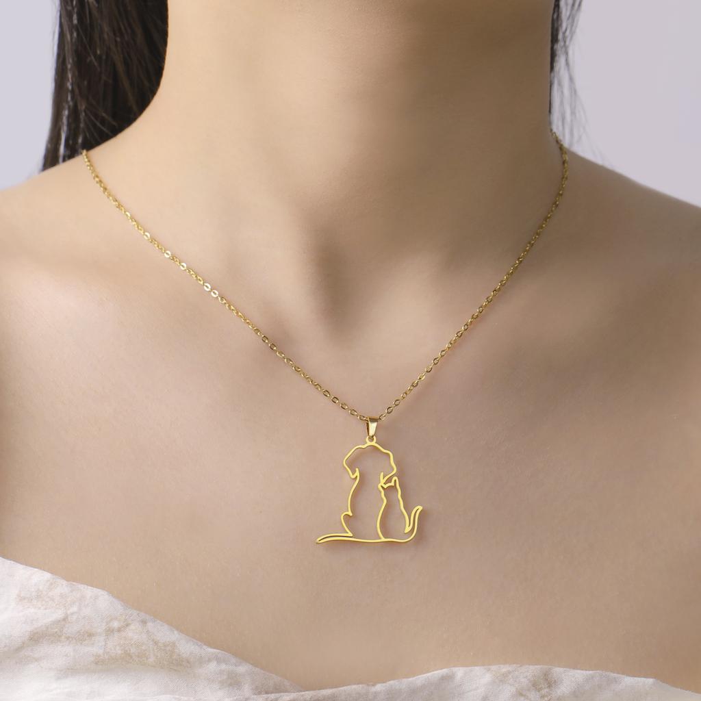 Cute Hugging Cats Kitten Necklace for Women Stainless Steel Animal Dog Pet Pendant Necklaces Jewelry Gift 2024 Trend