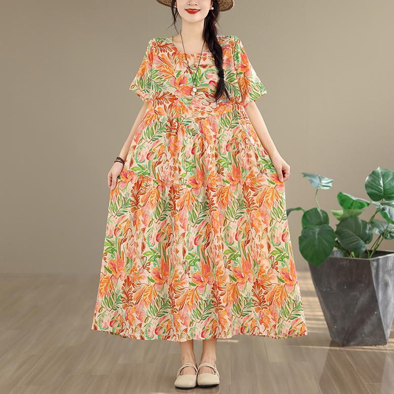 DIMANAF New 2026 Women Plus Size Summer Casual Long Dress Cotton Loose Oversize Floral Print Beach Sundress