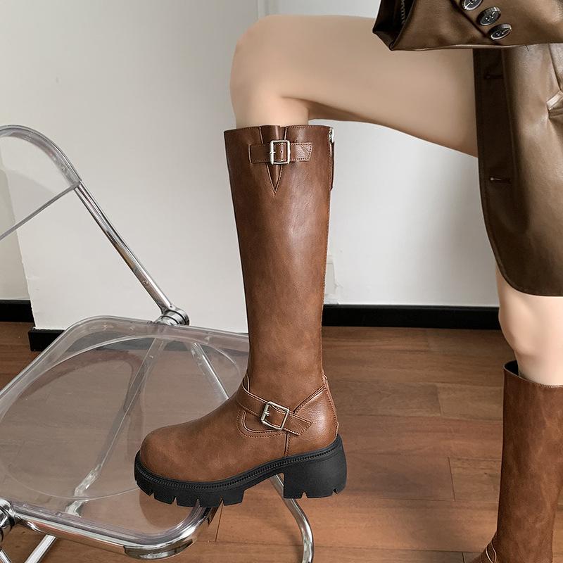 

Fall/Winter 2025 New Martin Boots Street Tall Rear Zipper Western Cowboy Boots Knight Boots 34 коричневый