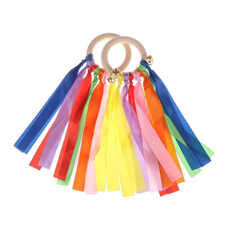 Colorful Ribbon Dance Props Rainbow Silk Wooden Ring Bells Hand-Shaken Bells For Kindergartens