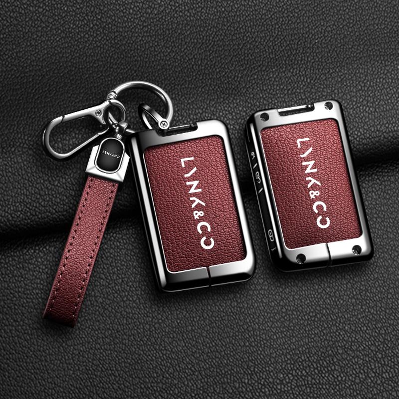 Zinklegering Leer Auto Sleutelhanger Sleuteletui Cover Beschermer Houder Tas Set Voor Lynk Co 05 09 01 06 Slimme Afstandsbediening Auto Accessoires brown