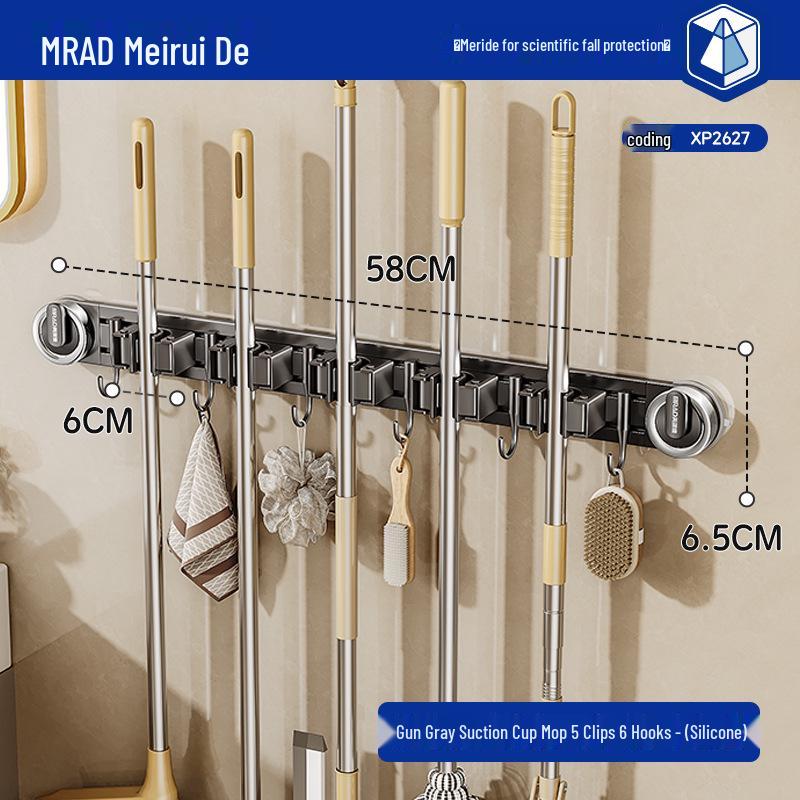 Movable Suction Cup Mop Clip Wall-Mount Storage Rack