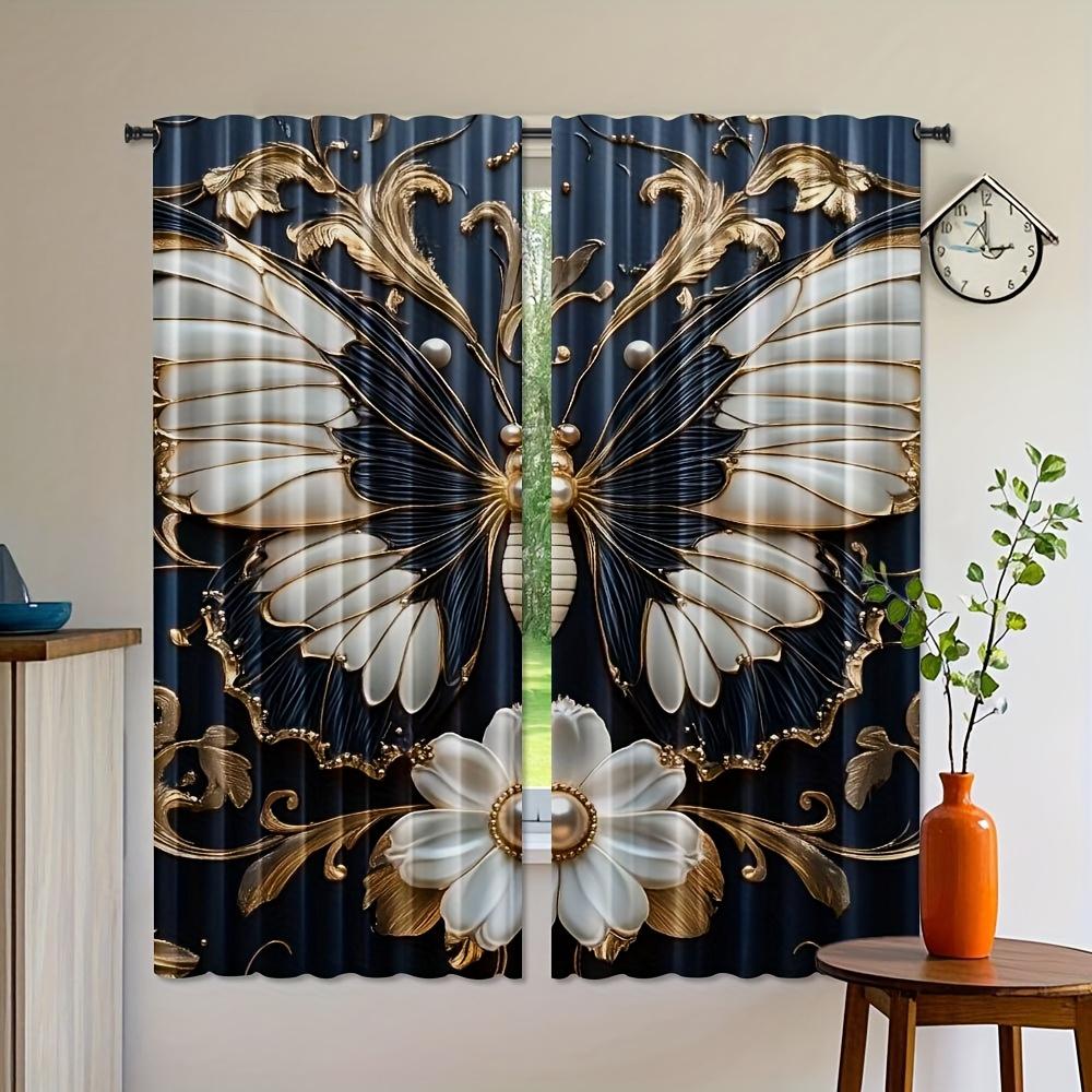 Set Of 2 Black White Curtain Panels Floral Butterfly Window Drapes Golden Accent Relief Design Semi Ligh Elegant Curtains Light Filtering Made