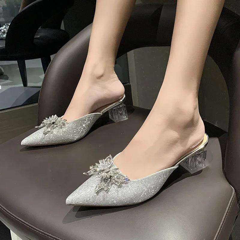 Fashion Women's Luxury Closed Toe Slip on Slipper Mules 2025 Summer Designer Brand Pointed Toe Bow Knot High Heels Shoes Sandals Slides