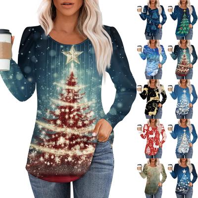 Ladies' Casual And Fashionable Printed Round Neck Long Sleeved Pleated T-shirt Top For Christmas