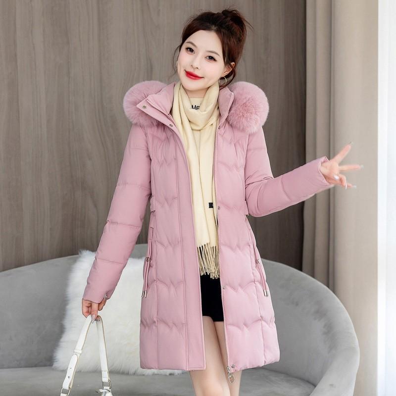 Womens Winter Thick Cotton Coat Mid-Length Solid Color With Removable Faux Fur Collar Elegant Office Style