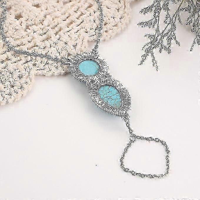 Donna Boho Retro Celebrità Turchese Catena Schiava Anello Bracciale Imbracatura Mano-Argento Antico hwy