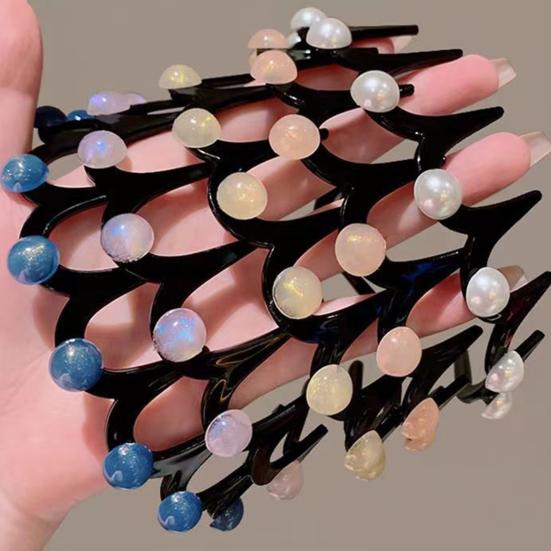 2Pcs Women Headband Faux Pearls Decor Anti-slip Teeth Hair Hoop Lightweight Elastic Hair Accessory Daily Wear