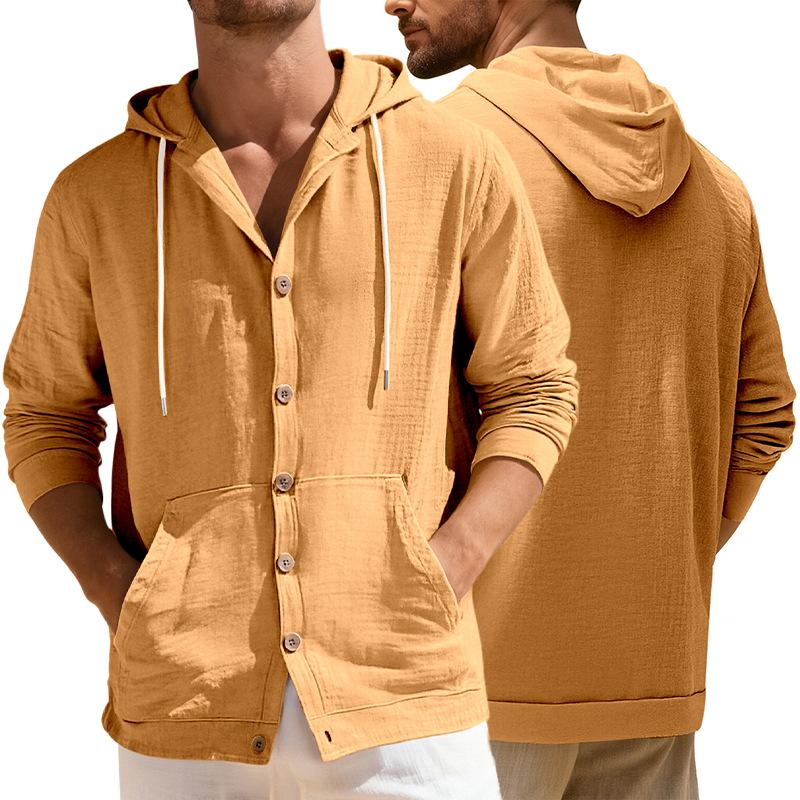 Men's Linen Shirt Solid Streetwear Long Sleeve Hoodie Cardigan Clothing for Men Button Tops Casual Loose Men Hooded Shirt