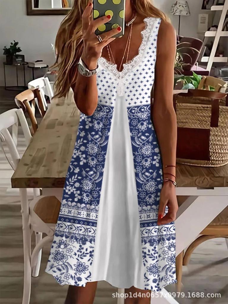 New European and American hot-selling women's clothing fast-selling T strap V-neck lace fashion printed dress
