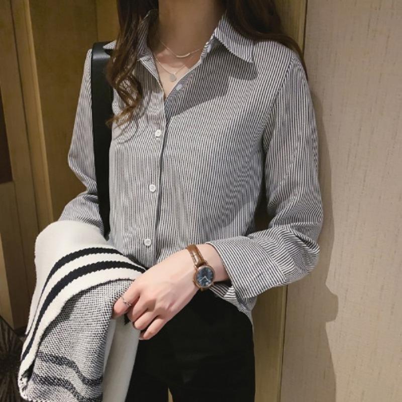 Big Size Women's Tops Loose Vertical Striped Shirt Female Fat Long-sleeved Shirt Bottoming Shirt Tide Vintage Basic Office Casual Women Shirt