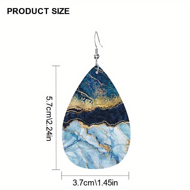 Creative Marble Pattern PU Leather Earrings for Women Abstract Beach Ocean Pattern Tears Earrings Double-sided Pattern Design Lightweight Earrings