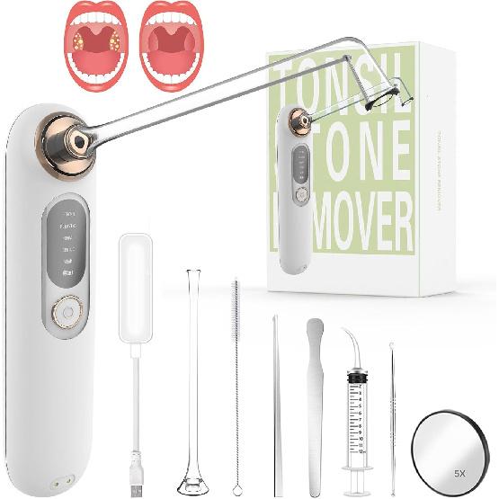 Voraiya Tonsil Stone Remover Kit - Electronic Vacuum Tonsil Stone Removal Tool with 5 Suction Modes, 5X Magnifying Mirror, LED Light Includes