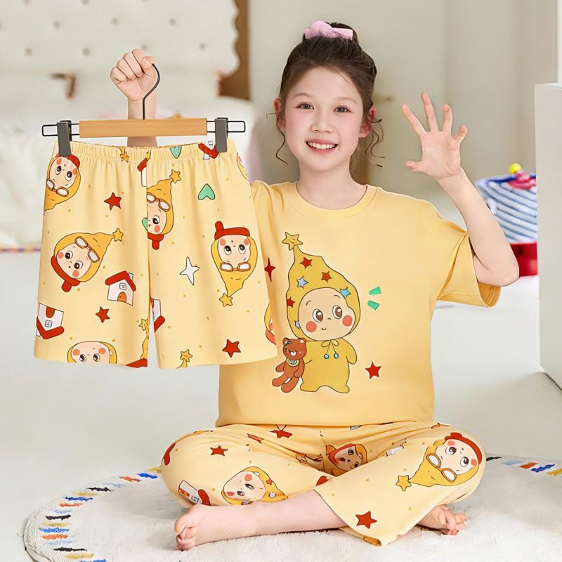 2026 Cotton Pajama Set Girls Short Sleeve Thin Sleepwear Sweet Cartoon Print Kids Home Outfit