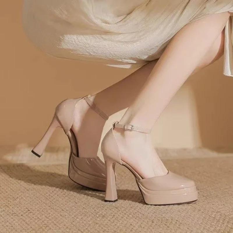 Fashion Women's Super High Heels Pointed Tip Thick Heel Ankle Strap Platform Heels Side Cutout Sexy Wedding Banquet Sandalias De Mujer