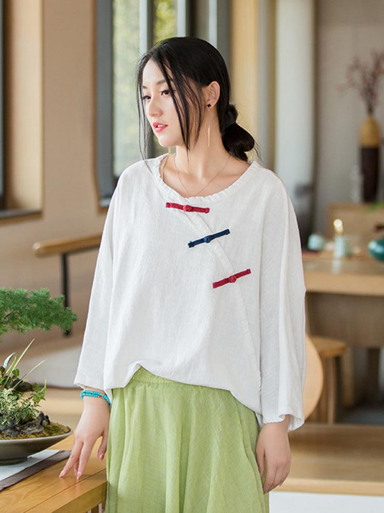 Johnature Dámské košile s netopýřím rukávem Vintage košile Bavlna Len Knoflík Jednobarevné Topy Léto Volné Dámské Halenky Dámské košile