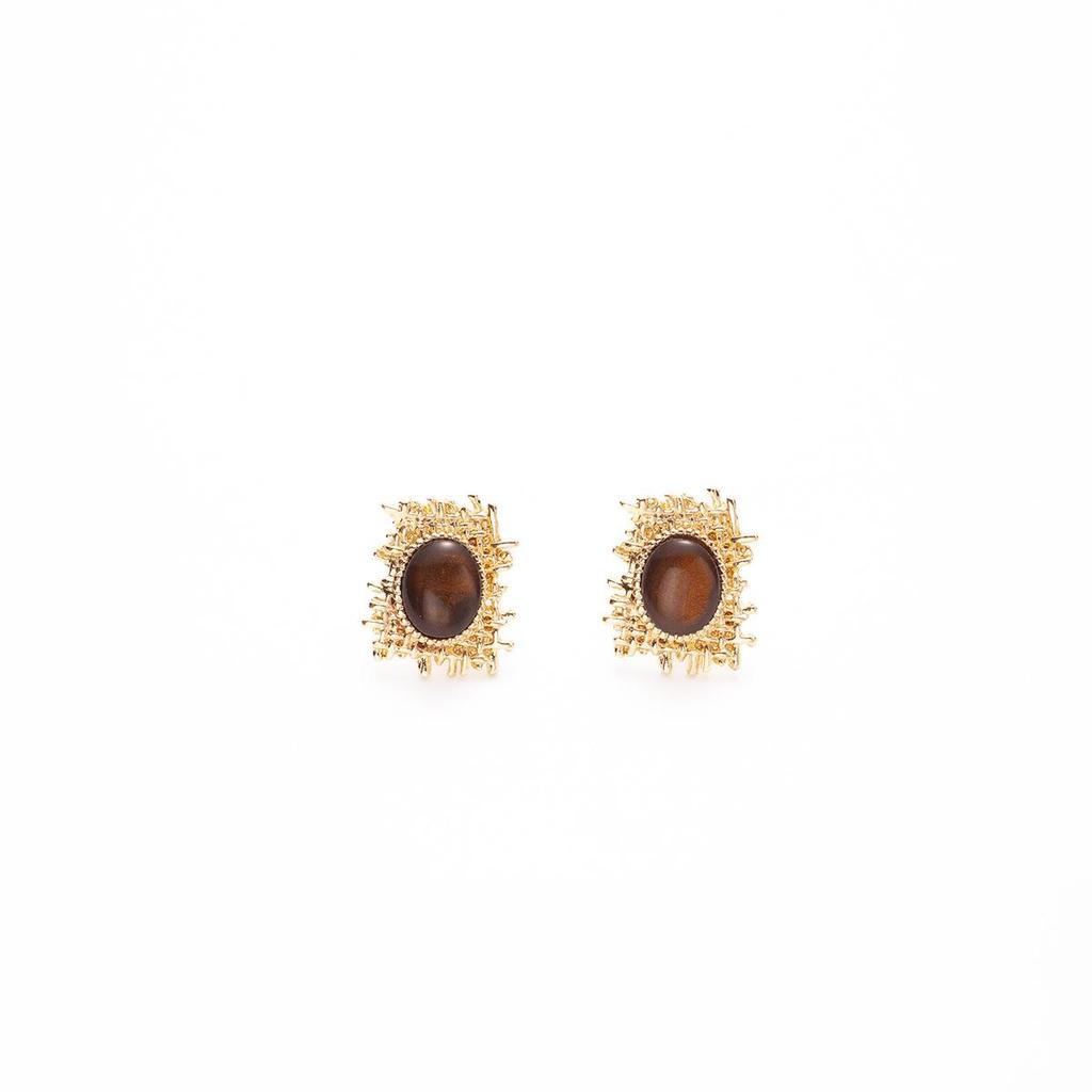 Silver Needle Irregular Tiger's Eye Stud Earrings - Maillard Style, New Mesh Design for Autumn/Winter Fashion